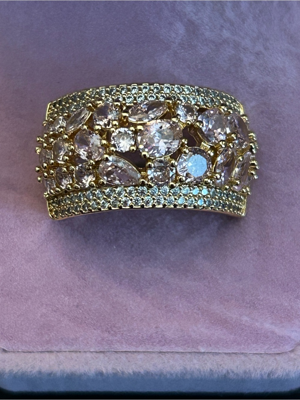โLyrical Lureโ Yellow Gold Plated Rose Quartz & Cubic Zirconia Floral Band Ring